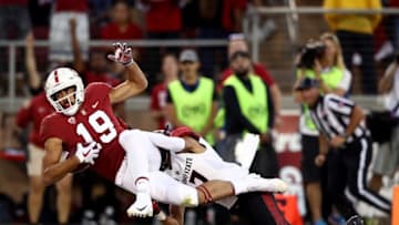 PALO ALTO, CA - AUGUST 31: Jj Arcega-Whiteside #19 of the Stanford Cardinal catches the ball for a touchdown while covered by Ron Smith #17 of the San Diego State Aztecs at Stanford Stadium on August 31, 2018 in Palo Alto, California. (Photo by Ezra Shaw/Getty Images)