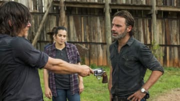 Norman Reedus as Daryl Dixon, Alanna Masterson as Tara Chambler, Chandler Riggs as Carl Grimes, Andrew Lincoln as Rick Grimes - The Walking Dead _ Season 7, Episode 8 - Photo Credit: Gene Page/AMC