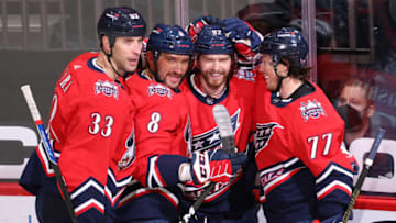 T.J. Oshie, Zdeno Chara, Alex Ovechkin, Evgeny Kuznetsov, Washington Capitals Mandatory Credit: Geoff Burke-USA TODAY Sports