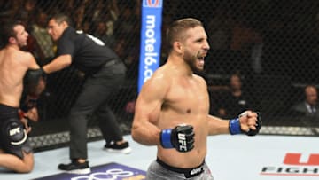 BOISE, ID - JULY 14: (R-L) Chad Mendes celebrates after defeating Myles Jury by TKO in their featherweight fight during the UFC Fight Night event inside CenturyLink Arena on July 14, 2018 in Boise, Idaho. (Photo by Josh Hedges/Zuffa LLC/Zuffa LLC via Getty Images)