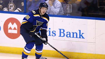 Oct 27, 2016; St. Louis, MO, USA; St. Louis Blues right wing Vladimir Tarasenko (91) skates with the puck during a game against the Detroit Red Wings at Scottrade Center. The Red Wings won 2-1 in a shootout. Mandatory Credit: Billy Hurst-USA TODAY Sports