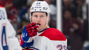 Dec 5, 2022; Vancouver, British Columbia, CAN; Montreal Canadiens forward Christian Dvorak (28) celebrates his goal against the Vancouver Canucks in the third period at Rogers Arena. Vancouver won 7-6 in overtime. Mandatory Credit: Bob Frid-USA TODAY Sports