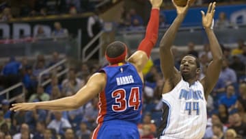 Apr 6, 2016; Orlando, FL, USA; Orlando Magic forward Andrew Nicholson (44) shoots over Detroit Pistons forward Tobias Harris (34) during the first quarter of a basketball game at Amway Center. Mandatory Credit: Reinhold Matay-USA TODAY Sports