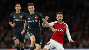 LONDON, ENGLAND - APRIL 05: Aaron Ramsey of Arsenal is tackled by Aleksandr Golovin of CSKA Moskva during the UEFA Europa League quarter final leg one match between Arsenal FC and CSKA Moskva at Emirates Stadium on April 5, 2018 in London, United Kingdom. (Photo by Catherine Ivill/Getty Images)