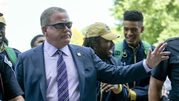 Sep 24, 2016; South Bend, IN, USA; Notre Dame Fighting Irish head coach Brian Kelly walks into the stadium before the game against the Duke Blue Devils at Notre Dame Stadium. Mandatory Credit: Matt Cashore-USA TODAY Sports