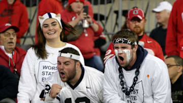 Penn State fans cheer as their players leave the field after warmups before Saturday's NCAA Division I football game against the Ohio State Buckeyes at Ohio Stadium in Columbus on October 30, 2021.Osu21psu Bjp 183