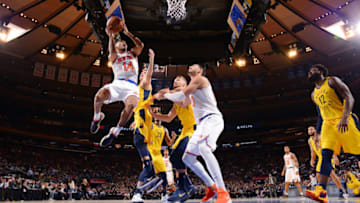 NEW YORK, NY - OCTOBER 31: Allonzo Trier #14 of the New York Knicks shoots the ball against the Indiana Pacers on October 31, 2018 at Madison Square Garden in New York City, New York. NOTE TO USER: User expressly acknowledges and agrees that, by downloading and or using this photograph, User is consenting to the terms and conditions of the Getty Images License Agreement. Mandatory Copyright Notice: Copyright 2018 NBAE (Photo by Jesse D. Garrabrant/NBAE via Getty Images)