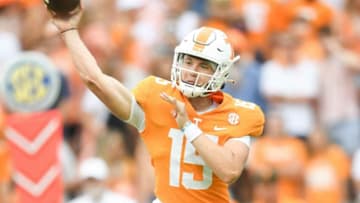 Tennessee quarterback Harrison Bailey (15) throws the ball during an NCAA college football game between the Tennessee Volunteers and Tennessee Tech in Knoxville, Tenn. on Saturday, September 18, 2021.Tennvstt0918 3446