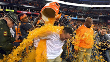 Dec 30, 2016; Nashville , TN, USA; Tennessee Volunteers head coach Butch Jones is dumped with Gatorade after a win over the Nebraska Cornhuskers at Nissan Stadium. Tennessee won 38-24. Mandatory Credit: Christopher Hanewinckel-USA TODAY Sports