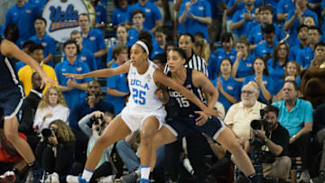 LOS ANGELES, CA - NOVEMBER 21: UCLA Bruins forward Monique Billings (25) fights for position against Connecticut Huskies forward Gabby Williams (15) during the game between the UConn Huskies and the UCLA Bruins on November 21, 2017, at Pauley Pavilion in Los Angeles, CA. (Photo by David Dennis/Icon Sportswire via Getty Images)