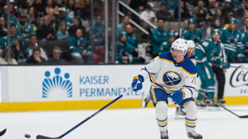 Feb 18, 2023; San Jose, California, USA; Buffalo Sabres left wing Victor Olofsson (71) chases after the puck during the first period against the San Jose Sharks at SAP Center at San Jose. Mandatory Credit: Stan Szeto-USA TODAY Sports