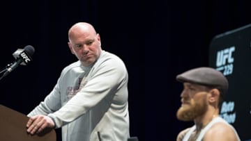 LAS VEGAS, NEVADA - OCTOBER 04: Dana White looks on as Conor McGregor of Ireland speaks during the UFC 229 Press Conference inside The Park Theater at Park MGM on October 4, 2018 in Las Vegas, Nevada. (Photo by Chris Unger/Zuffa LLC/Zuffa LLC via Getty Images)