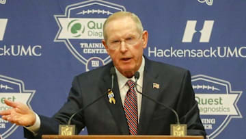Jan 5, 2016; East Rutherford, NJ, USA; New York Giants former head coach Tom Coughlin addresses the media during a press conference at Quest Diagnostics Training Center. Mandatory Credit: Jim O