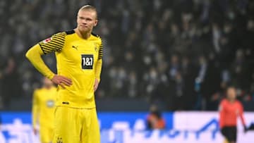 Dortmund's Norwegian forward Erling Braut Haaland reacts after a goal was disallowed during the German first division Bundesliga football match between VfL Bochum and Borussia Dortmund in Bochum, western Germany on December 11, 2021. - DFL REGULATIONS PROHIBIT ANY USE OF PHOTOGRAPHS AS IMAGE SEQUENCES AND/OR QUASI-VIDEO (Photo by Ina Fassbender / AFP) / DFL REGULATIONS PROHIBIT ANY USE OF PHOTOGRAPHS AS IMAGE SEQUENCES AND/OR QUASI-VIDEO (Photo by INA FASSBENDER/AFP via Getty Images)