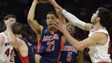 Mar 28, 2015; Los Angeles, CA, USA; Arizona Wildcats forward Brandon Ashley (21) controls the ball against Wisconsin Badgers during the second half in the finals of the west regional of the 2015 NCAA Tournament at Staples Center. Mandatory Credit: Robert Hanashiro-USA TODAY Sports