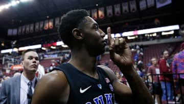 TALLAHASSEE, FL - JANUARY 12: RJ Barrett #5 of the Duke Blue Devils quiets the crowd after defeating the Florida State Seminoles 80-78 at Donald L. Tucker Center on January 12, 2019 in Tallahassee, Florida. (Photo by Michael Reaves/Getty Images)