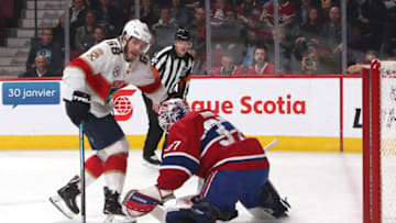 Jan 15, 2019; Montreal, Quebec, CAN; Mike Hoffman scores against Montreal Canadiens. Mandatory Credit: Jean-Yves Ahern-USA TODAY Sports