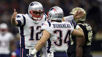 NEW ORLEANS, LA - SEPTEMBER 17: Tom Brady #12 and Rex Burkhead #34 of the New England Patriots react after a touchdown against the New Orleans Saints at the Mercedes-Benz Superdome on September 17, 2017 in New Orleans, Louisiana. (Photo by Chris Graythen/Getty Images)