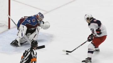 DENVER, CO - FEBRUARY 05: Columbus Blue Jackets left wing Artemi Panarin (9) skates fast towards Colorado Avalanche goaltender Philipp Grubauer (31) on a break-away but gets blocked by Grubauer in the second period at the Pepsi Center February 05, 2019. (Photo by Andy Cross/MediaNews Group/The Denver Post via Getty Images)