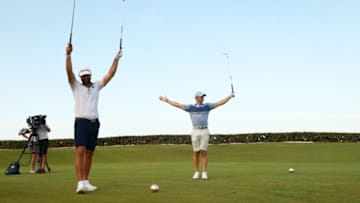 JUNO BEACH, FLORIDA - MAY 17: Rory McIlroy of the American Nurses Foundation team and Dustin Johnson of the American Nurses Foundation team react on the 17th tee after winning the closest to the pin playoff against Rickie Fowler of the CDC Foundation team and Matthew Wolff of the CDC Foundation team during the TaylorMade Driving Relief Supported By UnitedHealth Group on May 17, 2020 at Seminole Golf Club in Juno Beach, Florida. (Photo by Mike Ehrmann/Getty Images)