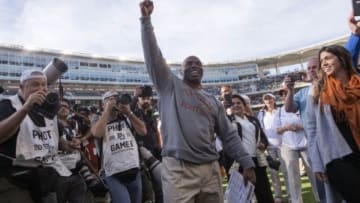 Dec 5, 2015; Waco, TX, USA; Texas Longhorns head coach Charlie Strong celebrates the win over the Baylor Bears at McLane Stadium. The Longhorns defeat the Bears 23-17. Mandatory Credit: Jerome Miron-USA TODAY Sports