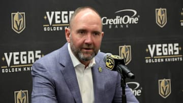 LAS VEGAS, NEVADA - MARCH 01: Head coach Peter DeBoer of the Vegas Golden Knights speaks during a news conference after a game against the San Jose Sharks at T-Mobile Arena on March 01, 2022 in Las Vegas, Nevada. The Golden Knights defeated the Sharks 3-1. With the win, DeBoer became the 28th coach in NHL history to win 500 games. (Photo by Ethan Miller/Getty Images)