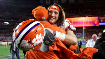 GLENDALE, ARIZONA - DECEMBER 28: Trevor Lawrence #16 of the Clemson Tigers celebrates his teams 29-23 win over the Ohio State Buckeyes in the College Football Playoff Semifinal at the PlayStation Fiesta Bowl at State Farm Stadium on December 28, 2019 in Glendale, Arizona. (Photo by Matthew Stockman/Getty Images)