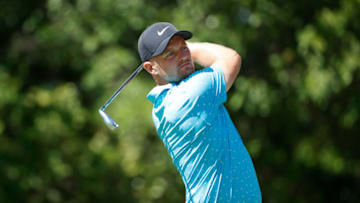 FORT WORTH, TEXAS - JUNE 12: Tom Lewis of England plays his shot from the ninth tee during the second round of the Charles Schwab Challenge on June 12, 2020 at Colonial Country Club in Fort Worth, Texas. (Photo by Tom Pennington/Getty Images)