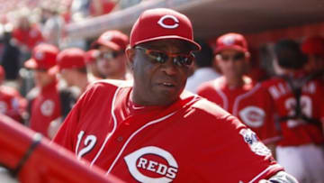Sep 28, 2013; Cincinnati, OH, USA; Cincinnati Reds manager Dusty Baker (12) in the dugout during the first inning against the Pittsburgh Pirates at Great American Ball Park. Mandatory Credit: Frank Victores-USA TODAY Sports