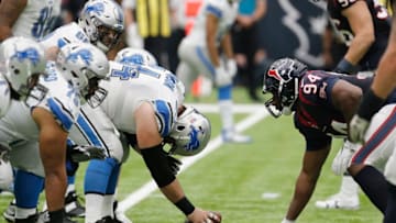 HOUSTON, TX - OCTOBER 30: Antonio Smith #94 of the Houston Texans lines up against Travis Swanson #64 of the Detroit Lions in the second quarter at NRG Stadium on October 30, 2016 in Houston, Texas. (Photo by Thomas B. Shea/Getty Images)