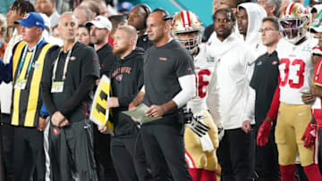 Feb 2, 2020; Miami Gardens, Florida, USA; San Francisco 49ers defensive coordinator Robert Saleh​ during the first quarter against the Kansas City Chiefs in Super Bowl LIV at Hard Rock Stadium. Mandatory Credit: Kyle Terada-USA TODAY Sports