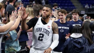 Feb 15, 2022; University Park, Pennsylvania, USA; Penn State Nittany Lions guard Myles Dread (2) shakes hands with the Penn State student section following the game against the Michigan State Spartans at Bryce Jordan Center. Penn State defeated Michigan State 62-58. Mandatory Credit: Matthew OHaren-USA TODAY Sports