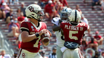 Sep 26, 2020; Norman, Oklahoma, USA; Oklahoma Sooners quarterback Spencer Rattler (7) throws during the first half against the Kansas State Wildcats at Gaylord Family Oklahoma Memorial Stadium. Mandatory Credit: Kevin Jairaj-USA TODAY Sports