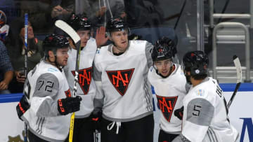 Sep 8, 2016; Quebec City, Quebec, Canada; Team North America forward Nathan MacKinnon (29) celebrates his goal against Team Europe with teammates during the second period of the World Cup of Hockey pre-tournament game at Videotron Centre. Mandatory Credit: Jean-Yves Ahern-USA TODAY Sports