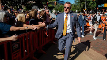 Auburn football head coach Bryan Harsin greets fans during tiger walk before the Auburn Tigers take on the Missouri Tigers at Jordan-Hare Stadium in Auburn, Ala., on Saturday, Sept. 24, 2022.