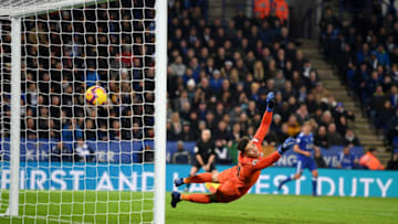 LEICESTER, ENGLAND - DECEMBER 26: Ederson of Manchester City watches as Ricardo Pereira of Leicester City (not pictured) shot goes past him for Leicester City second goal during the Premier League match between Leicester City and Manchester City at The King Power Stadium on December 26, 2018 in Leicester, United Kingdom. (Photo by Shaun Botterill/Getty Images)