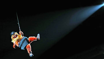 PHILADELPHIA, PA - OCTOBER 09: Gritty, the new mascot of the Philadelphia Flyers, respells from the catwalk to the ice surface during pregame ceremonies prior to his team playing against the San Jose Sharks on October 9, 2018 at the Wells Fargo Center in Philadelphia, Pennsylvania. (Photo by Len Redkoles/NHLI via Getty Images)