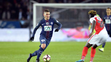 PARIS, FRANCE - APRIL 26: Marco Verratti of Paris Saint-Germain runs with the ball during the French Cup Semi-Final match between Paris Saint-Germain and As Monaco at Parc des Princes on April 26, 2017 in Paris, France. (Photo by Aurelien Meunier/Getty Images )