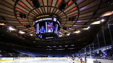 NEW YORK, NEW YORK - FEBRUARY 12: The New York Rangers take the ice for warm ups before the game against the Boston Bruins at Madison Square Garden on February 12, 2021 in New York City. Due to COVID-19 restrictions games are played without fans in attendance. (Photo by Elsa/Getty Images)
