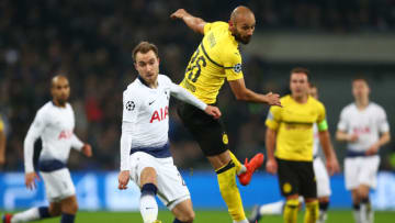 LONDON, ENGLAND - FEBRUARY 13: Christian Eriksen of Tottenham Hotspur is challenged by Omer Toprak of Borussia Dortmund during the UEFA Champions League Round of 16 First Leg match between Tottenham Hotspur and Borussia Dortmund at Wembley Stadium on February 13, 2019 in London, England. (Photo by Clive Rose/Getty Images)