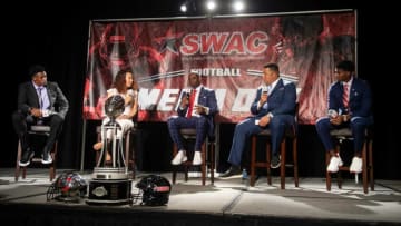 Jackson State University head football coach Deion Sanders speaks to media during the Southwestern Athletic Conference annual Football Media Day at the Sheraton-Birmingham Hotel in Birmingham, Ala., Tuesday, July 20, 2021.Swac Media Day33