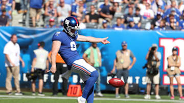 EAST RUTHERFORD, NEW JERSEY - SEPTEMBER 15: Riley Dixon #9 of the New York Giants punts against the Buffalo Bills during their game at MetLife Stadium on September 15, 2019 in East Rutherford, New Jersey. (Photo by Al Bello/Getty Images)