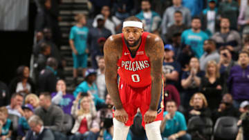 CHARLOTTE, NC - JANUARY 24: DeMarcus Cousins #0 of the New Orleans Pelicans looks on during the game against the Charlotte Hornets on January 24, 2018 at Spectrum Center in Charlotte, North Carolina. NOTE TO USER: User expressly acknowledges and agrees that, by downloading and or using this photograph, User is consenting to the terms and conditions of the Getty Images License Agreement. Mandatory Copyright Notice: Copyright 2018 NBAE (Photo by Kent Smith/NBAE via Getty Images)