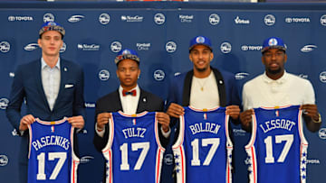 PHILADELPHIA, PA - JUNE 23: The Philadelphia 76ers host a post draft press conference announcing new players Anzejs Pasecniks, Markelle Fultz, Jonah Bolden and Mathias Lessort at the Sixers Training Complex on June 23, 2017 in Camden, New Jersey. NOTE TO USER: User expressly acknowledges and agrees that, by downloading and or using this photograph, User is consenting to the terms and conditions of the Getty Images License Agreement. Mandatory Copyright Notice: Copyright 2017 NBAE (Photo by Jesse D. Garrabrant /NBAE via Getty Images)