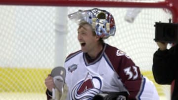 Avalanche goalie Patrick Roy reacts after the winning OT goal was scored by Joe Sakic against the St. Louis Blues. Photo by Hyoung Chang (Photo By Hyoung Chang/The Denver Post via Getty Images)