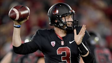 PALO ALTO, CA - OCTOBER 06: K.J. Costello #3 of the Stanford Cardinal looks to pass against the Utah Utes during the first quarter of their NCAA football game at Stanford Stadium on October 6, 2018 in Palo Alto, California. (Photo by Thearon W. Henderson/Getty Images)