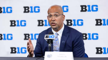 INDIANAPOLIS, IN - JULY 22: James Franklin, head coach of the Penn State Nittany Lions speaks during the Big Ten Football Media Days at Lucas Oil Stadium on July 22, 2021 in Indianapolis, Indiana. (Photo by Michael Hickey/Getty Images)