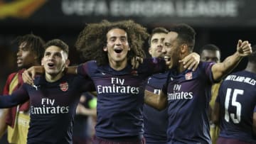 VALENCIA, SPAIN - MAY 9: Lucas Torreira, Matteo Guendouzi, Pierre-Emerick Aubameyang of Arsenal celebrate the victory and the qualification for the Final following the UEFA Europa League Semi Final Second Leg match between Valencia CF and Arsenal at Estadio Mestalla on May 9, 2019 in Valencia, Spain. (Photo by Jean Catuffe/Getty Images)