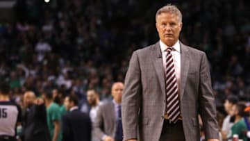 BOSTON, MA - MAY 9: Brett Brown of the Philadelphia 76ers looks on during Game Five of the Eastern Conference Second Round of the 2018 NBA Playoffs at TD Garden on May 9, 2018 in Boston, Massachusetts. The Celtics defeat the 76ers 114-112 to advance to the Eastern Conference Finals. (Photo by Maddie Meyer/Getty Images)