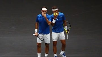 PRAGUE, CZECH REPUBLIC - SEPTEMBER 23: Roger Federer and Rafael Nadal of Team Europe react during there doubles match against Jack Sock and Sam Querrey of Team World on Day 2 of the Laver Cup on September 23, 2017 in Prague, Czech Republic. The Laver Cup consists of six European players competing against their counterparts from the rest of the World. Europe will be captained by Bjorn Borg and John McEnroe will captain the Rest of the World team. The event runs from 22-24 September. (Photo by Clive Brunskill/Getty Images for Laver Cup)